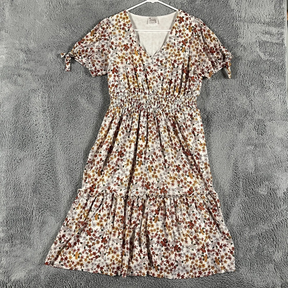 Siren Lily Midi Tiered Dress Women Large Multi Floral Lined V-Neck Smocked Waist